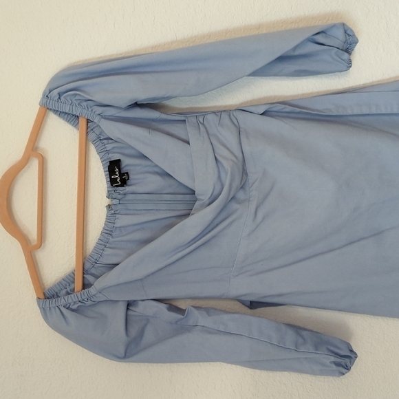 Lulus Pure Serenity Off-the-Shoulder Mini Dress Blue Sz Small Balloon Sleeves - Picture 6 of 13